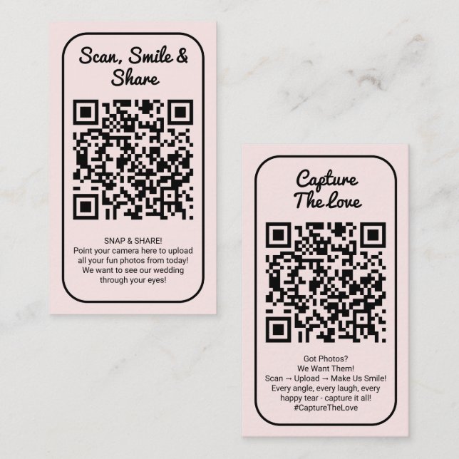 Pink Hochzeitsfoto-Sharing Capture Love QR-Code  Visitenkarte (Vorne/Hinten)