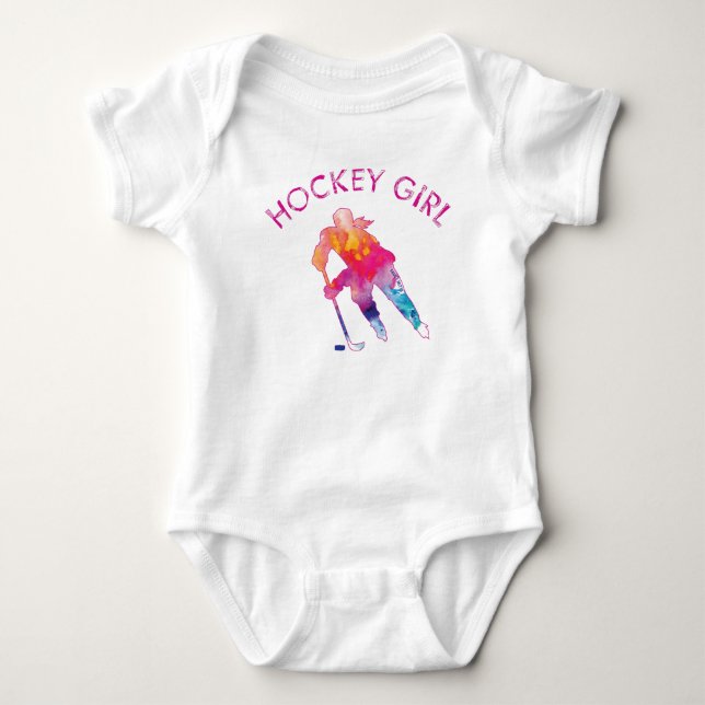 Pink Hockey Girl Watercolor Baby Bodysuit Strampler (Vorderseite)