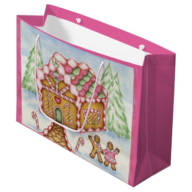 Pink Holiday Gingerbrei House Geschenktasche Große Geschenktüte (Vorderseite Schrägansicht)