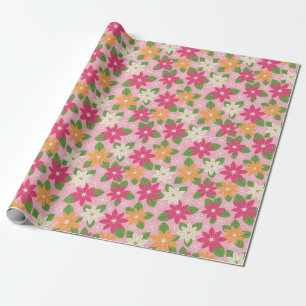Pink Holiday Poinsettias Retro Style Geschenkrake Geschenkpapier