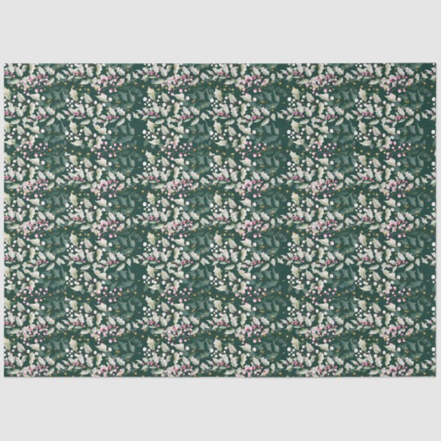 Pink Holly Berries and Folies on Dark Green Seidenpapier (Vorderseite)