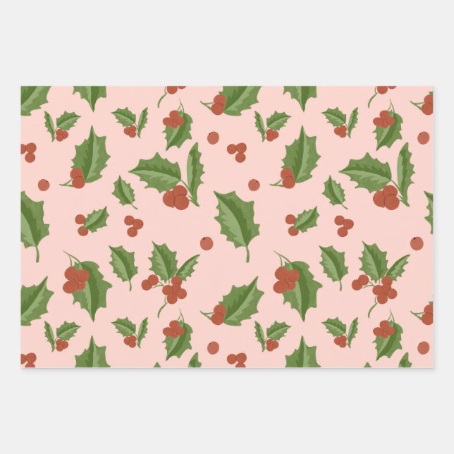 Pink Holly Gift Wrap Geschenkpapier Set (Vorderseite)