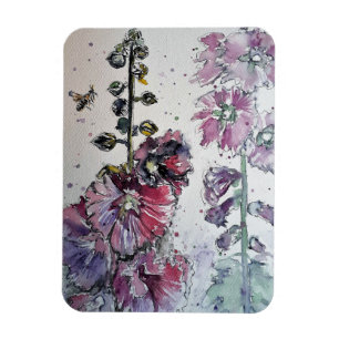 Pink Hollyhock Floral Blume Wasserfarben Magnet