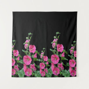 Pink Hollyhocks auf schwarz Wandteppich