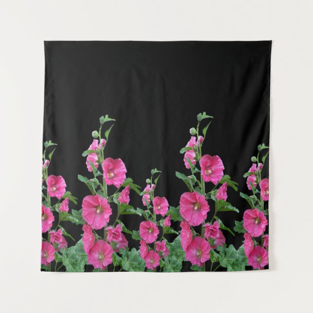 Pink Hollyhocks auf schwarz Wandteppich (Vorderseite)