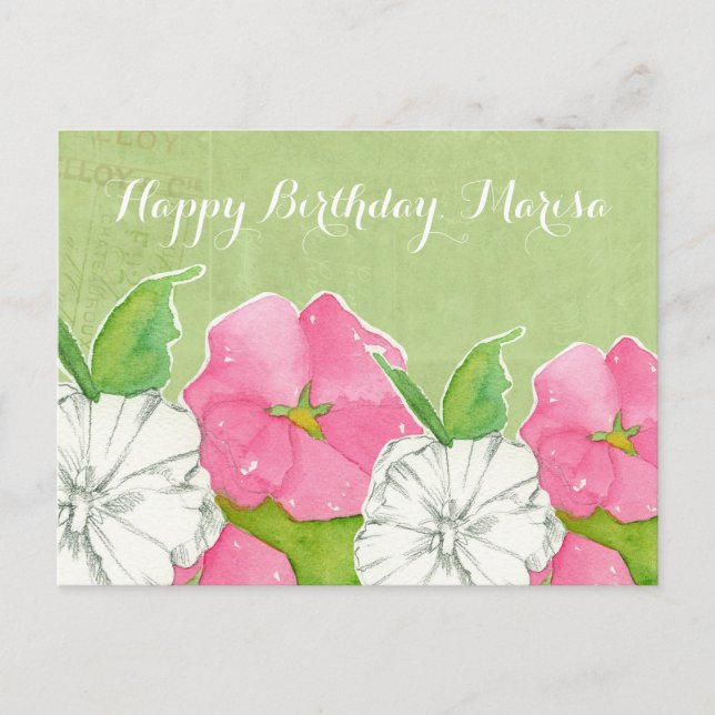 Pink Hollyhocks Blume Watercolor Happy Birthday Postkarte (Vorderseite)