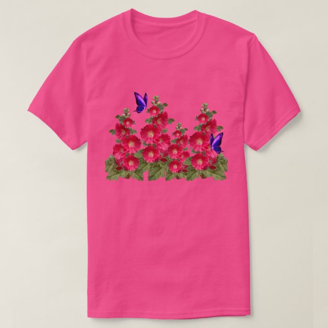 Pink Hollyhocks Butterfly Komfortable Baumwolle T- T-Shirt (Design vorne)