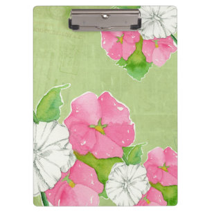 Pink Hollyhocks Watercolor Blume Soft Green Klemmbrett