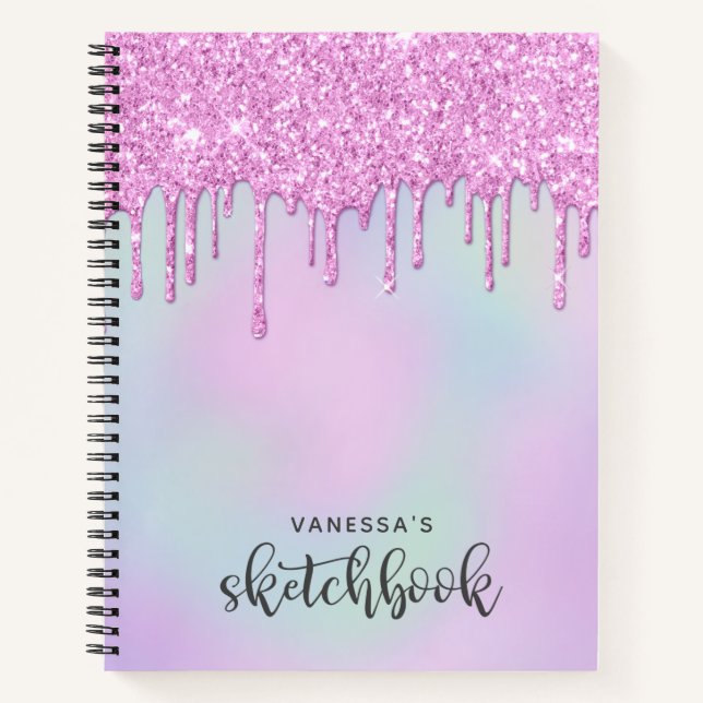 Pink Holographic Glitzer Tropfens Artist Sketchboo Notizbuch (Vorderseite)