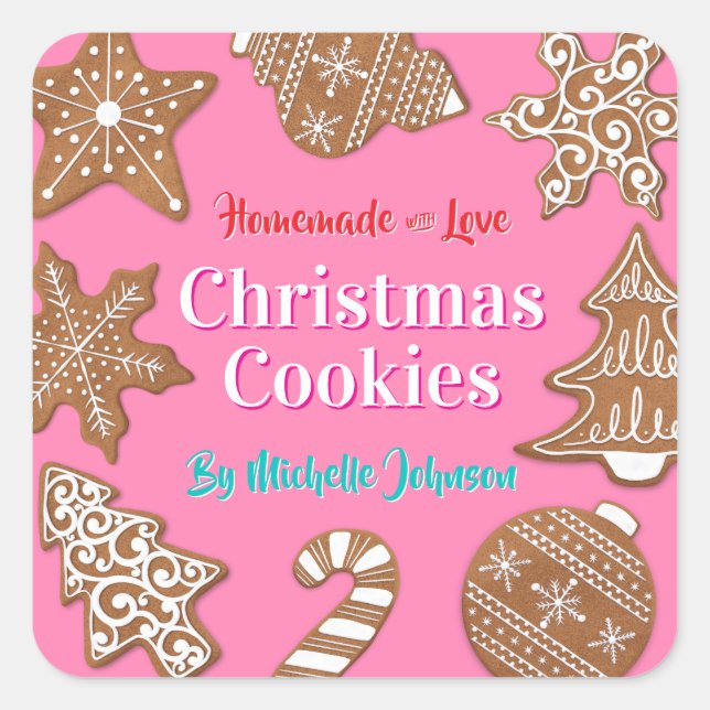 Pink Homemade Christmas Cookies Quadratischer Aufkleber (Vorderseite)
