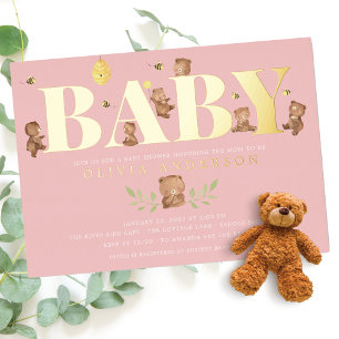 Pink Honey Bear Baby Shower Foil Einladung