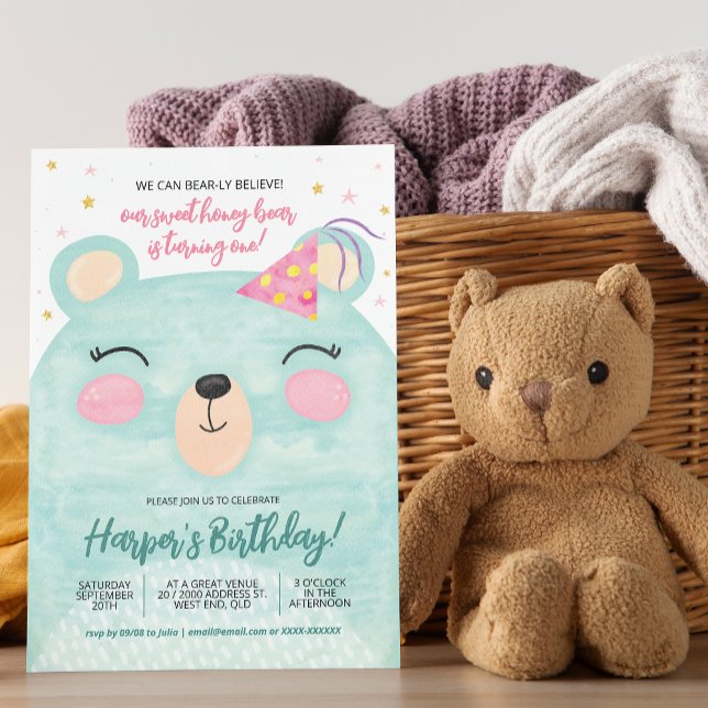 Pink Honey Bear Birthday Einladung (You can create plenty of honey for the big day with our bear birthday invitation!)