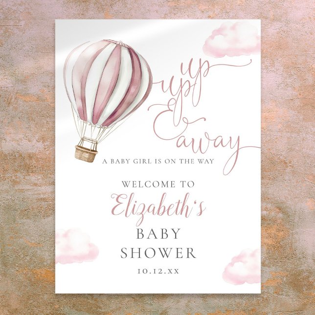 Pink Hot Air Ballon Babydusche Begrüßungszeichen Poster (Pink Hot Air Balloon Baby Shower Welcome Sign)