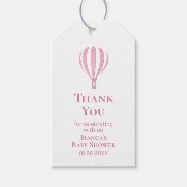 Pink Hot Air Ballon Babydusche Danke Geschenkanhänger (Vorderseite)