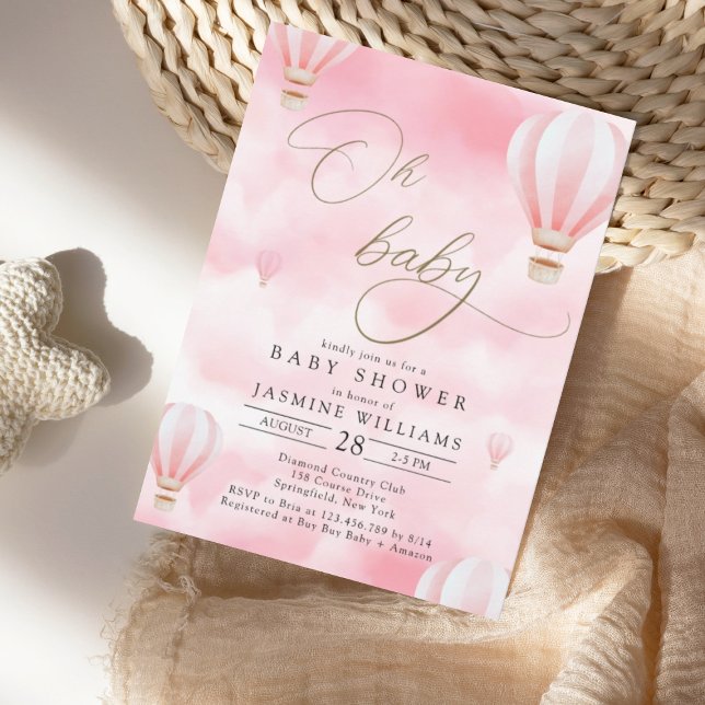 Pink Hot Air Ballon Babydusche Einladung (Von Creator hochgeladen)