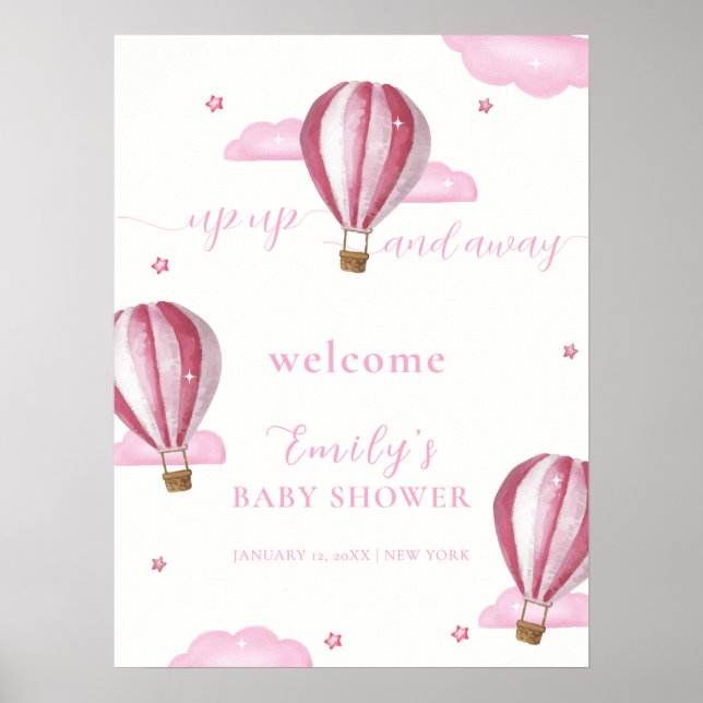 Pink Hot Air Ballon Girl Baby Dusche Willkommen Poster (Vorne)