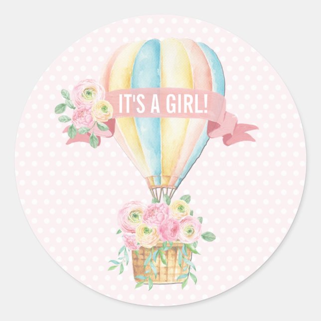 Pink Hot Air Ballon Girl Baby Showabenteuer Runder Aufkleber (Vorderseite)
