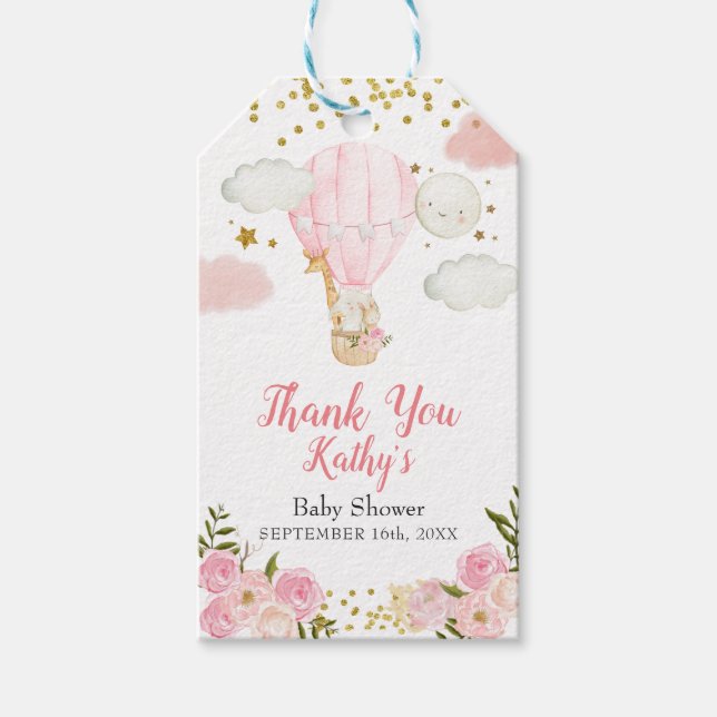 Pink Hot Air Ballon Jungle Animes Gold Glitzer Geschenkanhänger (Vorderseite)