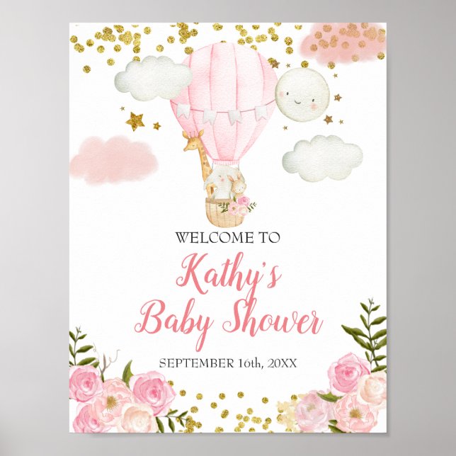 Pink Hot Air Ballon Jungle Baby Dusche Willkommen Poster (Vorne)