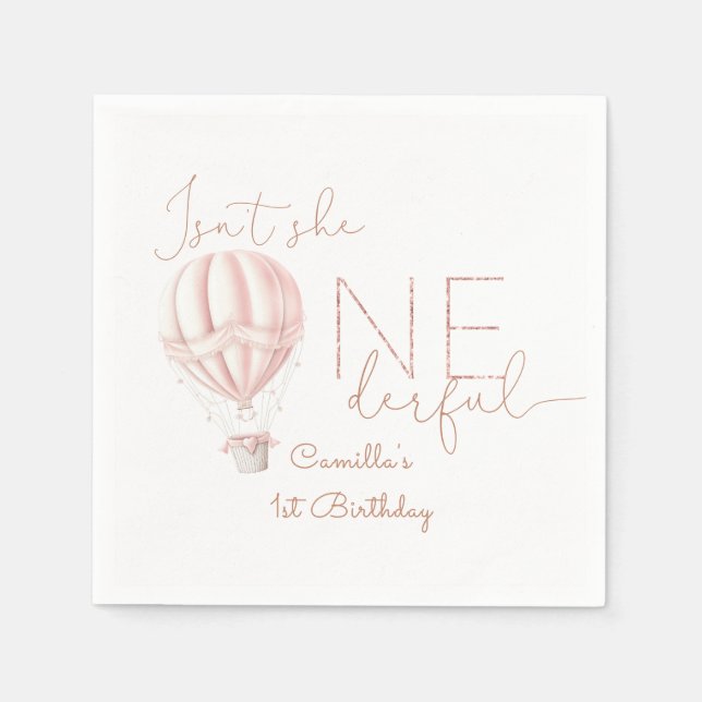 Pink Hot Air Ballon Onederful Girl 1st Birthday Serviette (Vorderseite)