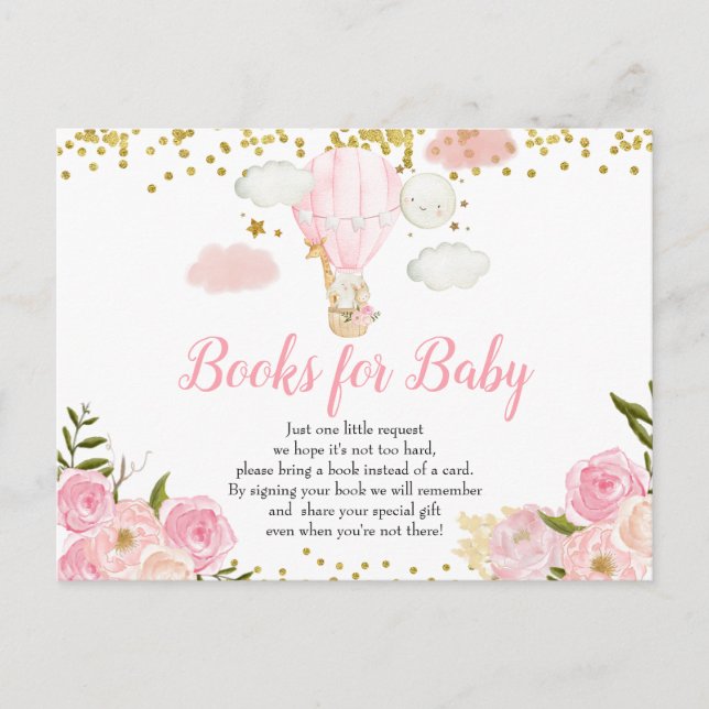 Pink Hot Air Ballon Tiere Bücher für Baby Einladungspostkarte (Vorderseite)