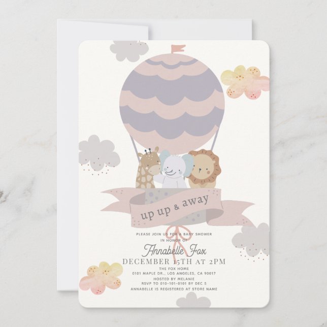 Pink Hot Air Ballon Tiere Girl Baby Dusche Einladung (Vorderseite)