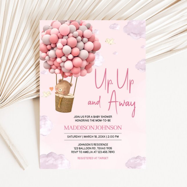 Pink Hot Air Ballon Up and Away Babydusche Einladung (Up and Away Hot Air Balloon Baby Shower Invitation
)