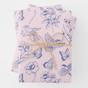 Pink Hummingbird & Butterfly Floral Wrapping Geschenkpapier Set