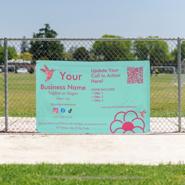 Pink Hummingbird QR Code Türkisfarbenes Geschäftsb Banner (InSitu)