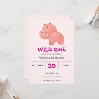 Pink Hungry Hippo 1st Birthday Invitation Einladung