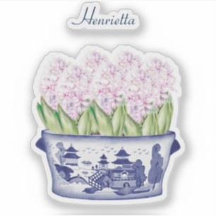 Pink Hyacinth Chinoiserie mit Name Vinyl Sticker
