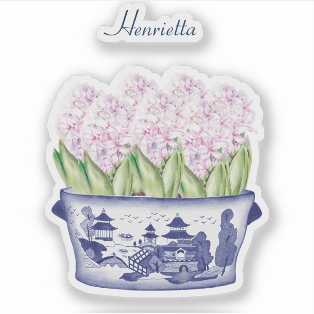 Pink Hyacinth Chinoiserie mit Name Vinyl Sticker (Vorderseite)