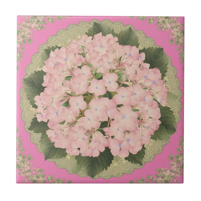 Pink Hydrangea Bloms Blumenmuster Keramik Tile Fliese (Vorderseite)