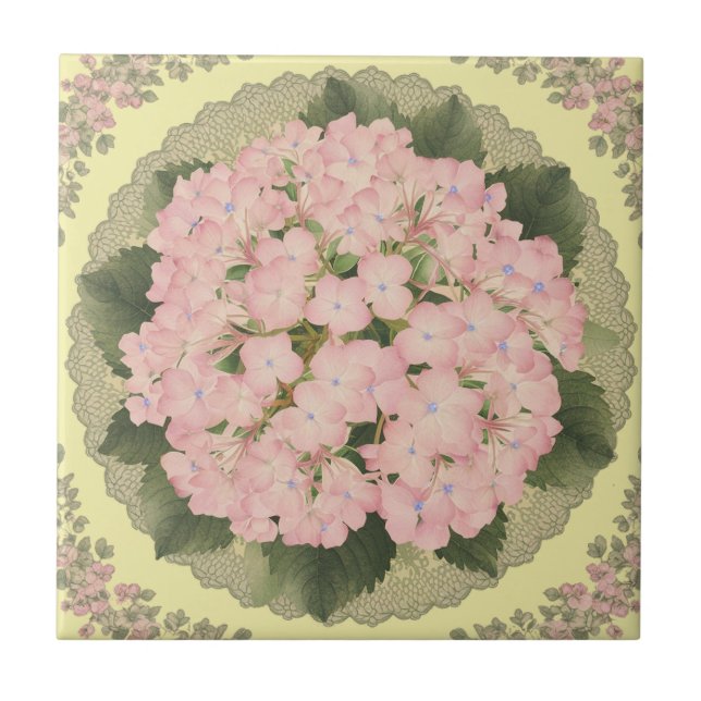 Pink Hydrangea Bloms Gelbe Keramik Tile Fliese (Vorderseite)
