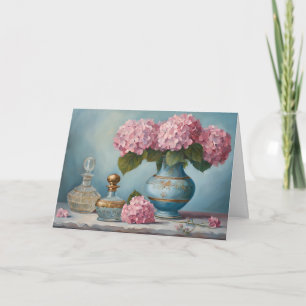 Pink Hydrangea Blume und Vintage Parfümflaschen Karte