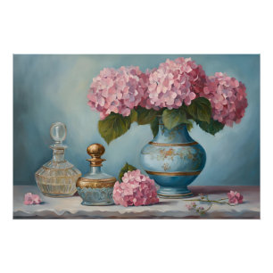 Pink Hydrangea Blume und Vintage Parfümflaschen Poster
