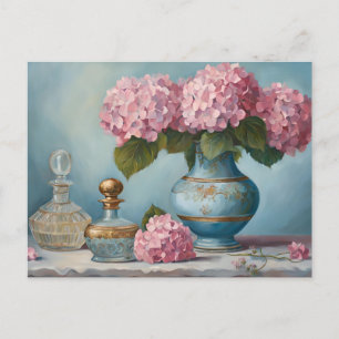 Pink Hydrangea Blume und Vintage Parfümflaschen Postkarte