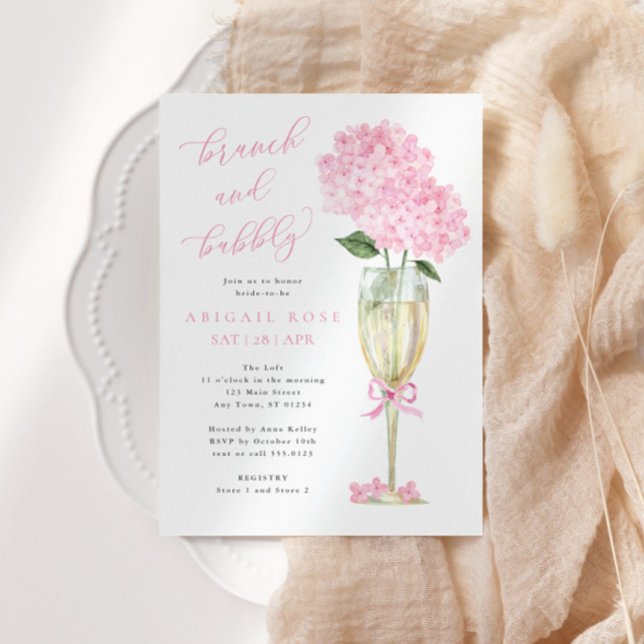 Pink Hydrangea Brunch und Bubbly Gold Champagne Einladung (Von Creator hochgeladen)