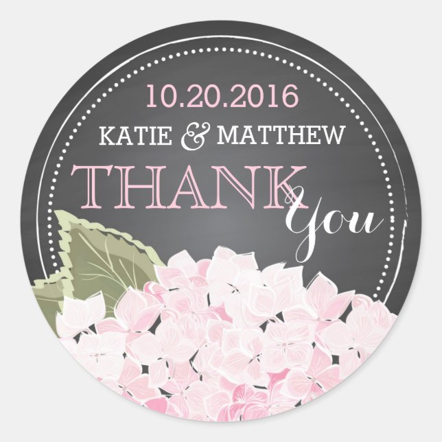 Pink Hydrangea Chalkboard Modern Danke Label Runder Aufkleber (Vorderseite)