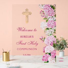 Pink Hydrangea First Communion Welcome Acrylschild