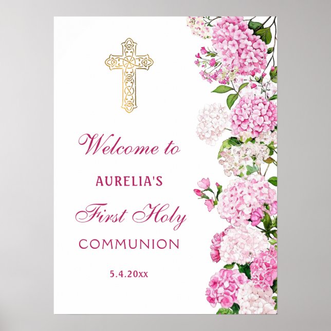 Pink Hydrangea First Communion Welcome Poster (Vorne)