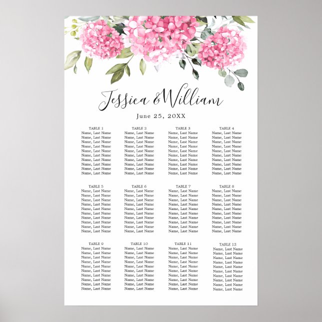 Pink Hydrangea Floral 12 Tische SITZENDE CHART Poster (Vorne)