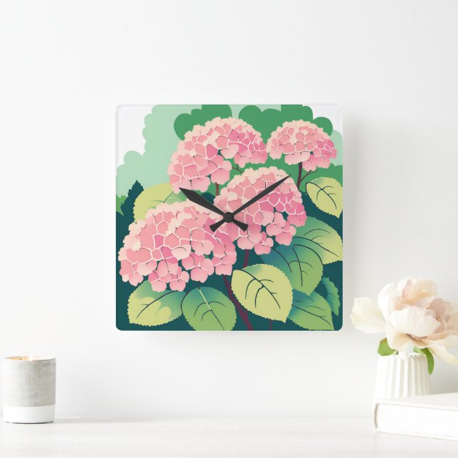 Pink Hydrangea Floral Botanical Quadratische Wanduhr (Zuhause)