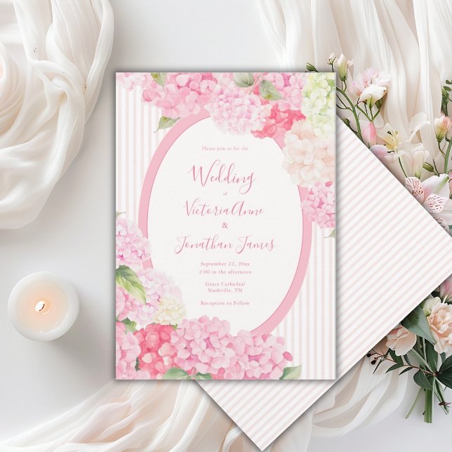 Pink Hydrangea Floral Stripe Wedding Invitation Einladung (Von Creator hochgeladen)