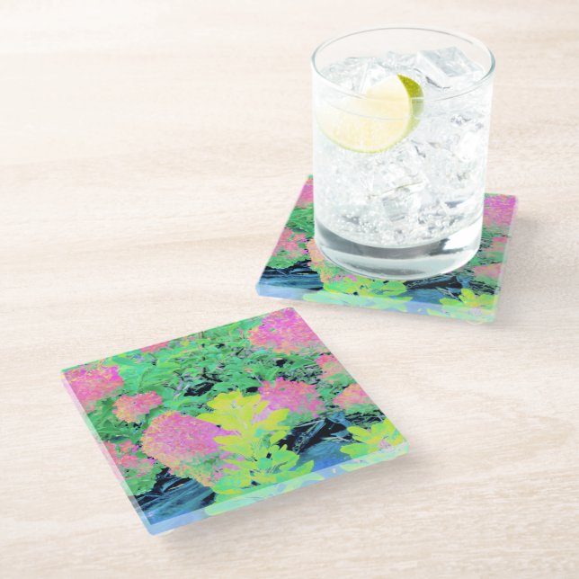 Pink Hydrangea Garden mit gelben Folies Glasuntersetzer (Schrägansicht)