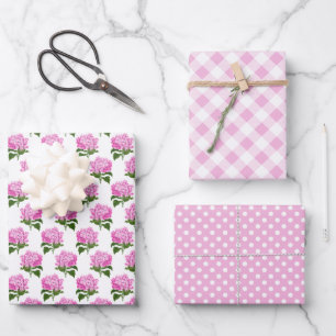 Pink Hydrangea Gingham und Polka Dot Pattern Geschenkpapier Set