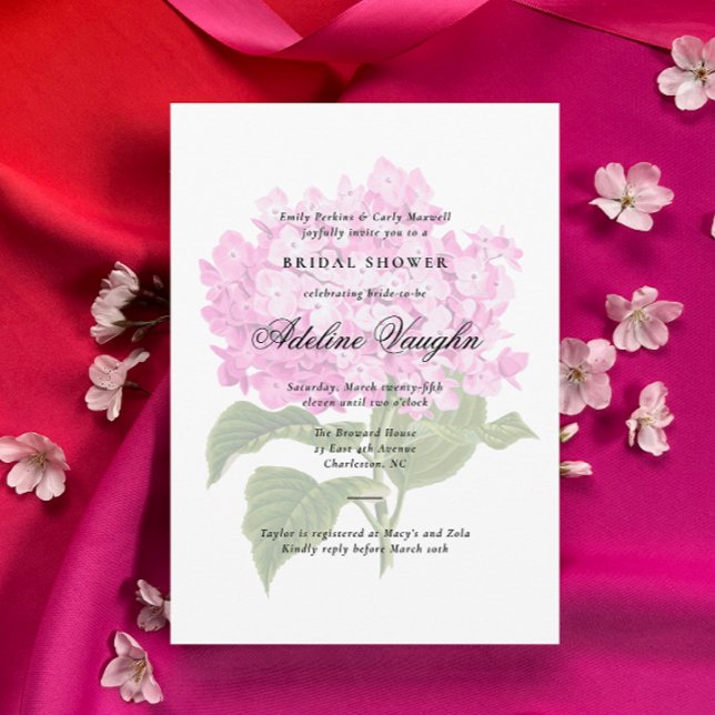 Pink Hydrangea Grandmillennial Brautparty Einladung (Antique Pink Hydrangea graphic white bridal shower invitation with traditional and elegant text)
