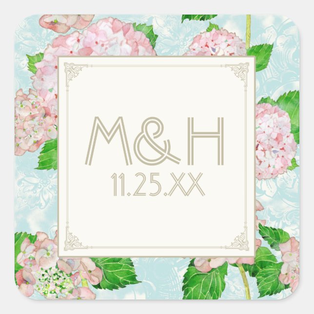 Pink Hydrangea Lace Floral Formal Elegante Hochzei Quadratischer Aufkleber (Vorderseite)