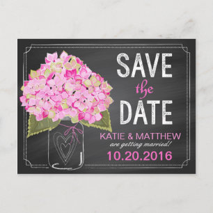 Pink Hydrangea Mason Jar Chalkboard Save the Date Ankündigungspostkarte