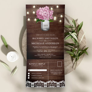Pink Hydrangea Mason Jar String Lights Hochzeit Dreifach Gefaltete Einladung
